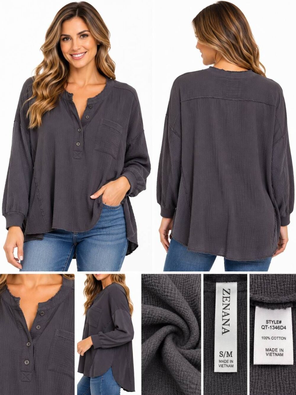 Zenana Small/Medium Gray Woffle knit Top